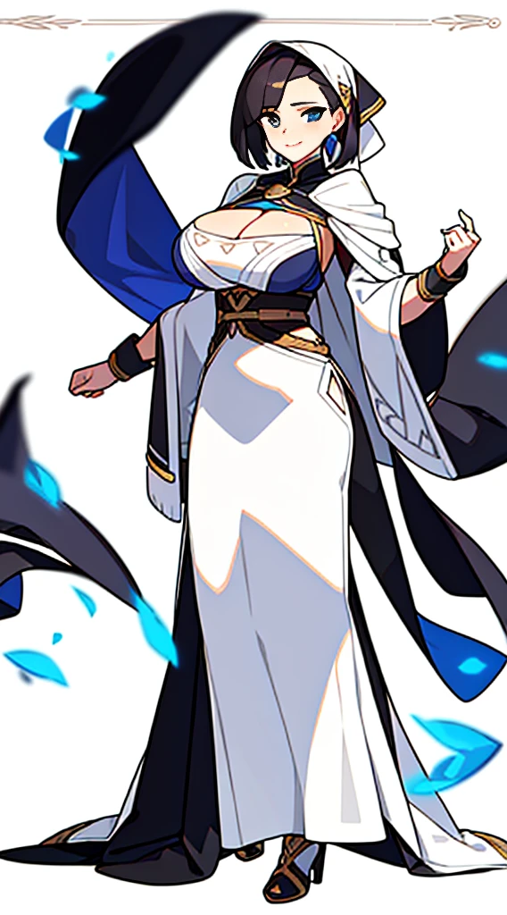 solo female, cloak, (((blurry background, white background))), character focus, fantasy clothes, standing, character design, cleavage, earth color clothes, peddler,