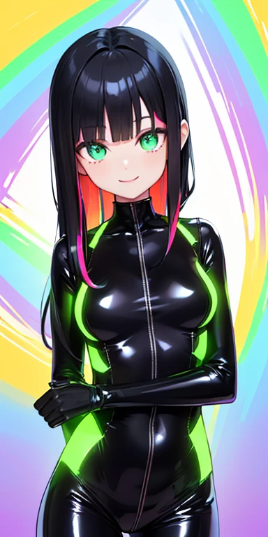 (black hair,colorful fluorescence multicolored hair:1.5,straight hair:1.5), (masterpiece, sidelights, exquisite beautiful eyes: 1.5), masterpiece*portrait, realistic, ((Colorful background of different colors:1.5)),(Gentle face:1.5),colorful,3D face,(cute face),front view: 1.6、 (glowing green eyes:1.2),(tareme:1.5)、(cute smile:1.5),,Slim Body, shiny hair, shiny skin: 1.5、medium breasts,、solo,(stand)、(body suit:1.5)、(charactor focus:1.5、portlate、eye focus,cowboy shot)、bright atmosphere,intricatedetails