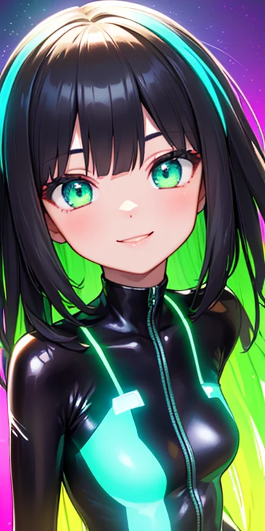 (black hair,colorful fluorescence multicolored hair:1.5,straight hair:1.5), (masterpiece, sidelights, exquisite beautiful eyes: 1.5), masterpiece*portrait, realistic, ((Colorful background of different colors:1.5)),(Gentle face:1.5),colorful,3D face,(cute face),front view: 1.6、 (glowing green eyes:1.2),(tareme:1.5)、(cute smile:1.5),,Slim Body, shiny hair, shiny skin: 1.5、medium breasts,、solo,(stand)、(body suit:1.5)、(charactor focus:1.5、portlate、eye focus,cowboy shot)、bright atmosphere,intricatedetails