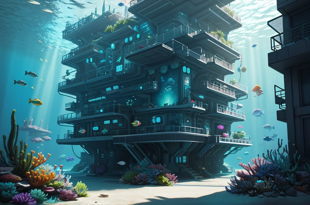 There is a large underwater futuristic wonderland，There are a lot of colorful fish inside, an underwater city, futuristic underwater metropolis, an underwater city, Underwater market, Colorful underwater creatures，deep sea cyberpunk, cyberpunk atlantis, Stylized urban fantasy artwork, underwater environment, 8 K high detail concept art, undersea environment, author：Dan Christensen, Concept art wallpaper 4K, concept art 8 k, author：Alexander Kucharisky