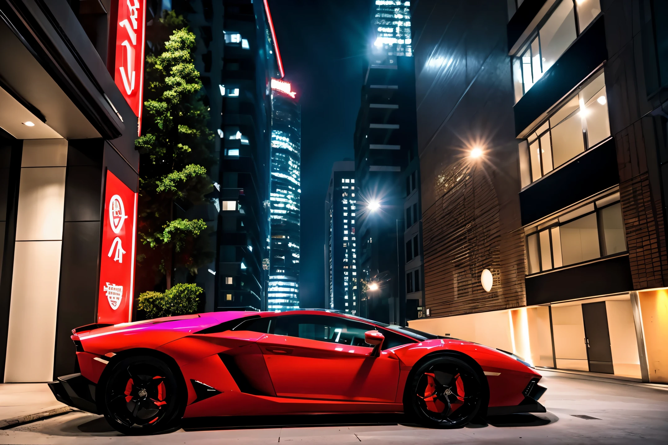 red lamborghini aventador　　precision and high quality　Realistic three-dimensional feel　beautiful background　Street parking in front of the marble entrance of a luxury apartment building.　beautiful lighting　beautiful street　stylish apartment　(shot from the side:1.3) beautiful night lights　