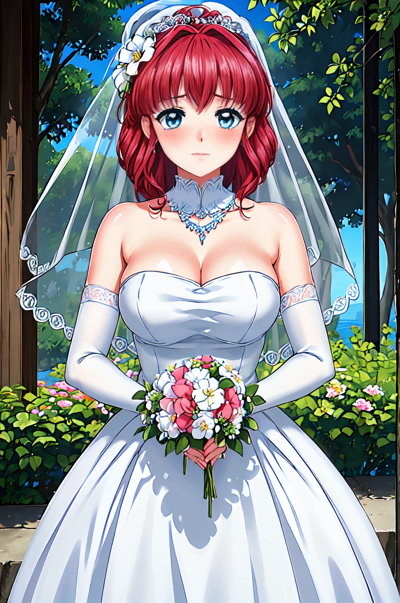 
Red hair,blue eyes, Bangs,double tail, scarf, 
 Close-up of beautiful bride wearing beautiful wedding dress,Guwitz,(wedding veil:1.5），（Transparent short veil：1.5），blush，Head flower，hat，（tube top wedding dress：1.5），（Silk dress：1.2）,（Strapless wedding dress：1.5）,pure white dress，necklace，earrings，(big breasts:1.3)，Deep V peach heart collar wedding dress，Bangs，lipstick，（lace gloves：1.3）,whole body照,High-detail RAW color art,White long skirt，whole body，Put your hands behind your back，