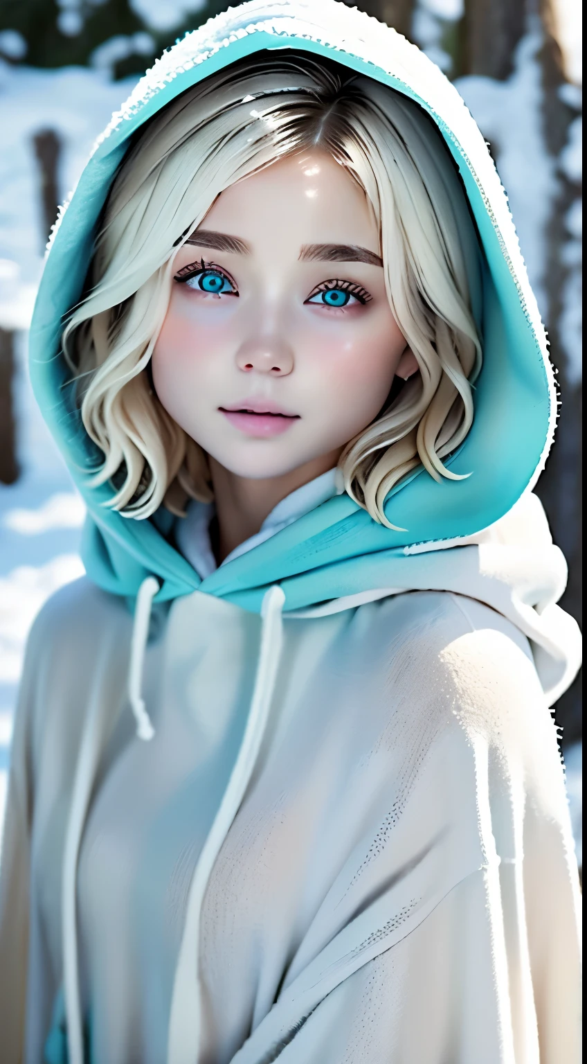 outdoor:1.5、winter、snow、White World、Frozen World、White world、one girl、24 only、perfect anatomy、correct human body、ash blonde、layered haircut、short wavy hair、Woman with cute face、turquoise eyes、Perfect good looks、Natural color poncho style hoodie、wearing a hood、silence、outdoor、white wall、rhyme、White world、blurred background、natural soft light、born、Photoreal、最high quality、high quality、High level image quality、