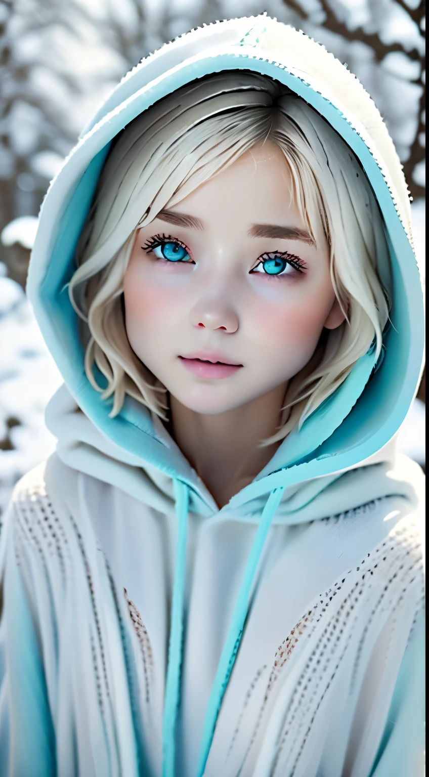 outdoor:1.5、winter、snow、White World、Frozen World、White world、one girl、24 only、perfect anatomy、correct human body、ash blonde、layered haircut、short wavy hair、Woman with cute face、turquoise eyes、Perfect good looks、Natural color poncho style hoodie、wearing a hood、silence、outdoor、white wall、rhyme、White world、blurred background、natural soft light、born、Photoreal、最high quality、high quality、High level image quality、