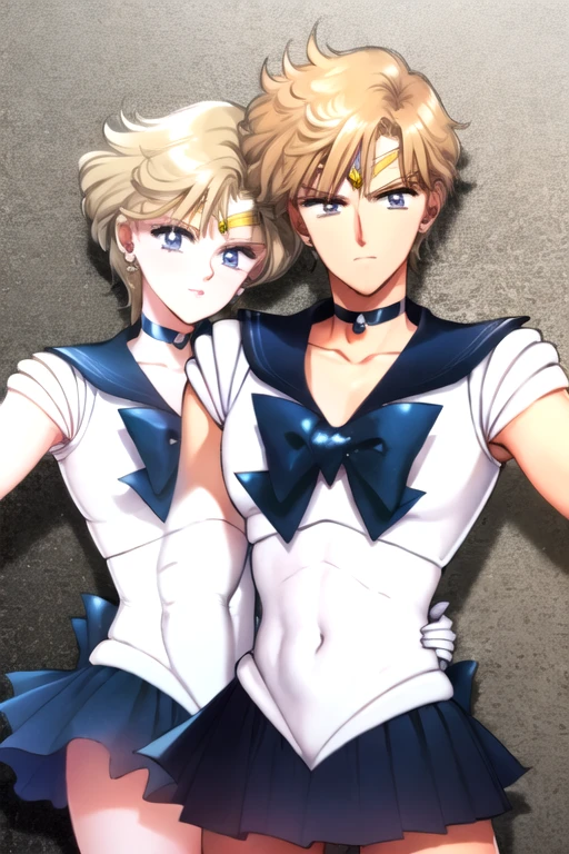 sailor uranus、VPL, vpl、bulge, He looks both male and female.、 I can't tell if it's male or female、flat chest, battle formation, One man、 adult male、 sailor senshi uniform sailor collar chest bow back bow plead skirt white elbow gloves