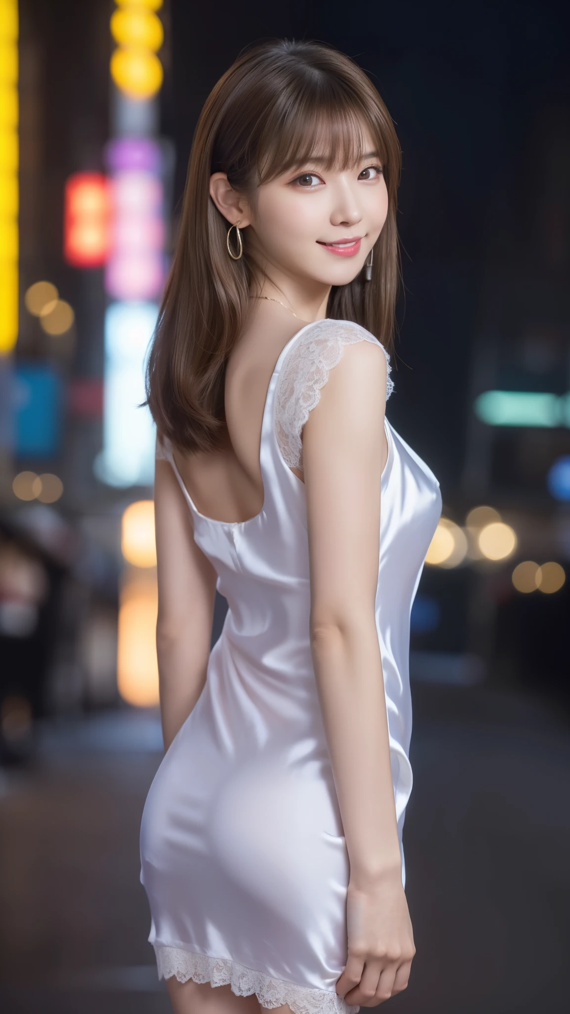 8K, table top, RAW photo, highest quality, realistic, Highly detailed CG Unity 8K wallpaper, Depth of bounds written, cinematic light, Lens flare, ray tracing, (very beautiful face, beautiful lips, beautiful eyes), face with intricate details, ((super dense skin)) 1 girl, in the dark, deep shadow, cute korean girl, Flashy makeup with red eyeshadow，her shortcut, Delicate light brown hair is slightly disheveled with side waves.，wearing large ring earrings，K-POP idol, 1 girl, (very slim and slender fit muscular body:1.3), ((looking at the viewer)),(big smile:1.3),  (sleeve fashion city night, dark night, (neon sign), (blurred background), fashion street night),(no people in the background:1.3), beautiful earrings, bracelet, necklace, pantyhose, clear eyes, walk, (white skin), (big eye ace forward, ((upper body shot)), ((super mini color silk dress:1.3)),(brown hair),((tight fit lace dress)), (See through), (looking at the viewer:1.3) open chest, very slim, medium breasts, backtracking,((buckshot)), See through, Medium Butt, super mini skirt, updo hair, ((spread the thighs))，(Sexy pose with a little butt sticking out)，