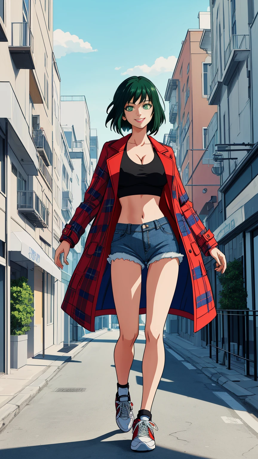 (masterpiece,best quality,ultra detailed),anime digital artwork,HD,neoartcore,highres,hyper anime art,smooth shading,refined details,high-quality rendering,expressive eyes,detailed and beautiful eyes,perfect ???????,perfect face,beautiful,solo,((fubuki OPM)),green eyes,short hair,bob hair,(black hair),large round breasts,(wearing white tanktop and black denim shorts),(cleavage),(midriff),(red and blue plaid coat),(sneakers),stylish and fashionable,smile,happy expression,natural lighting,daytime,summer,dynamic pose,full body in frame,outdoor background,in the street,modern buildings,fine detailed background,modern city background