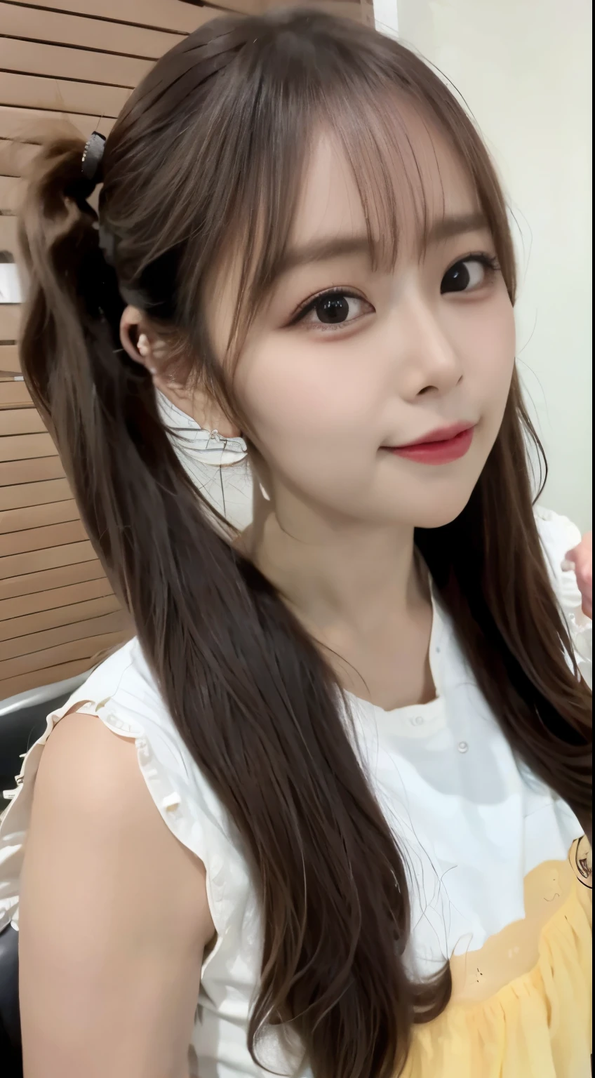High resolution, One beautiful young woman, (soft saturation:1.3), (Fair skin:1.2), 85mm lens,f/8.0, background, Improve, brown hair, medium breasts, break (night club:1.3), 1 girl, 18-year-old, (dress:1.5), Side Tie Peak, Double van and long twin tail, black hair