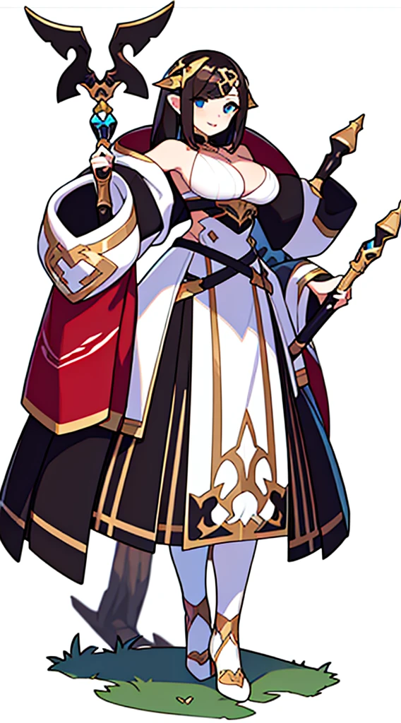 solo female, (((blurry background, white background))), character focus, fantasy clothes, standing, character design, cleavage, fantasy peddler,