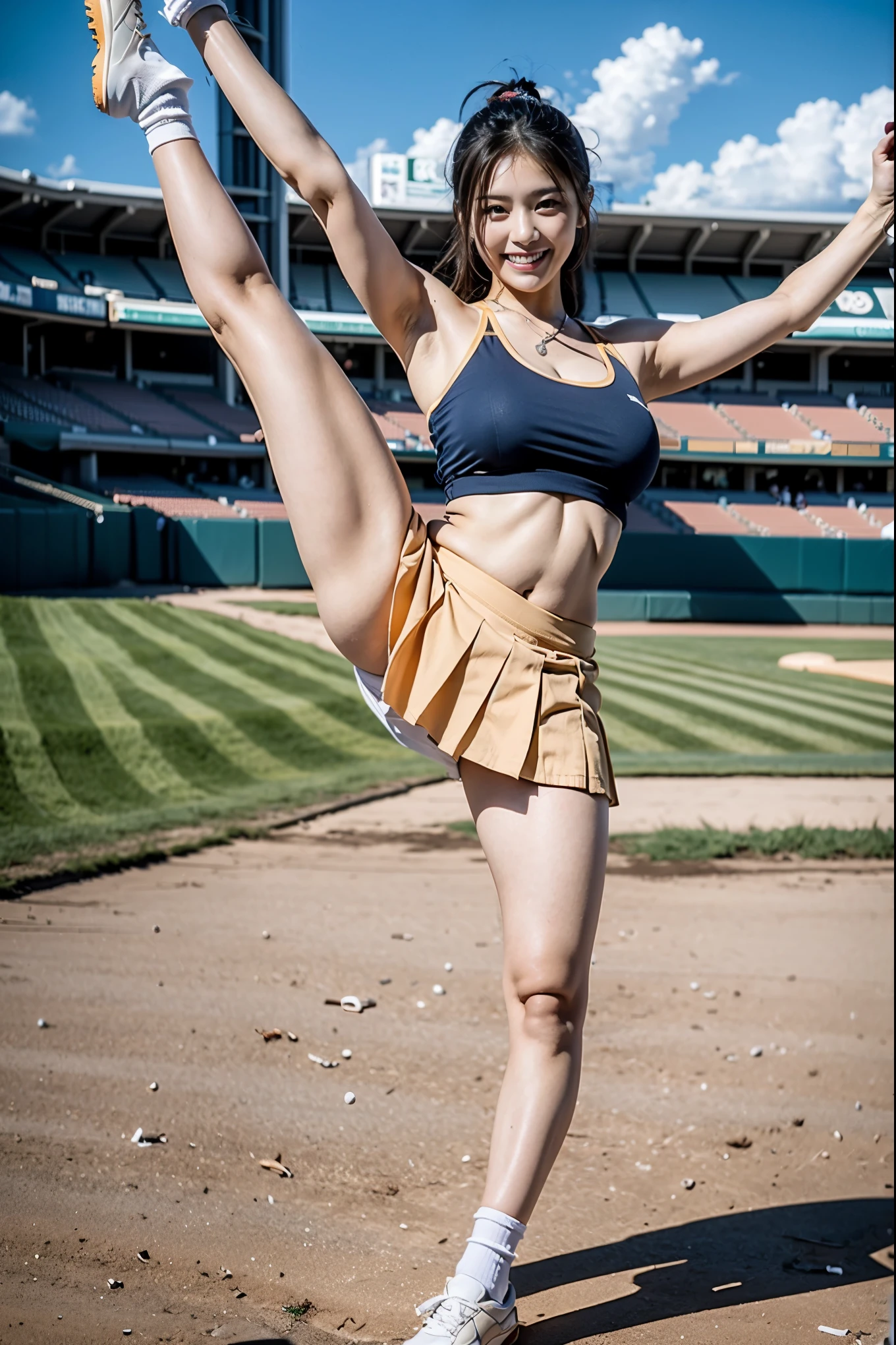 (8x_NMKD-Superscale_150000_G),(8K, Super high quality,highest quality),(masterpiece:1.5),(((solo))),(Baseball Stadium),((cheerleader)),(Taiwanese beauty),(blue and yellow sports bra),(Navel exposed),(Blue and yellow pleated micro miniskirt),(skirt lift:1.5),(skirt:0.5),((blue sports panties)),(Blue socks),((standing split)),Raise one leg and stretch your leg straight,Fair skin,Crotch clean,Kuikomi,Beautiful thighs,smile,cleavage,beautiful feet