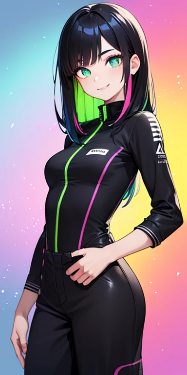 (black hair,colorful fluorescence multicolored  hair:1.5,straight hair:1.5), (masterpiece, sidelights, exquisite beautiful eyes: 1.5), masterpiece*portrait, realistic, ((Colorful background of different colors:1.5)),(Gentle face:1.5),colorful,3D face,(cute face),front view: 1.6、 (glowing green eyes:1.2),(tareme:1.5)、(cute smile:1.5),,Slim Body, shiny hair, shiny skin: 1.5、medium breasts,、solo,(stand)、(short jumpsuit:1.5)、(charactor focus:1.5、portlate、eye focus,cowboy shot)、bright atmosphere,intricatedetails