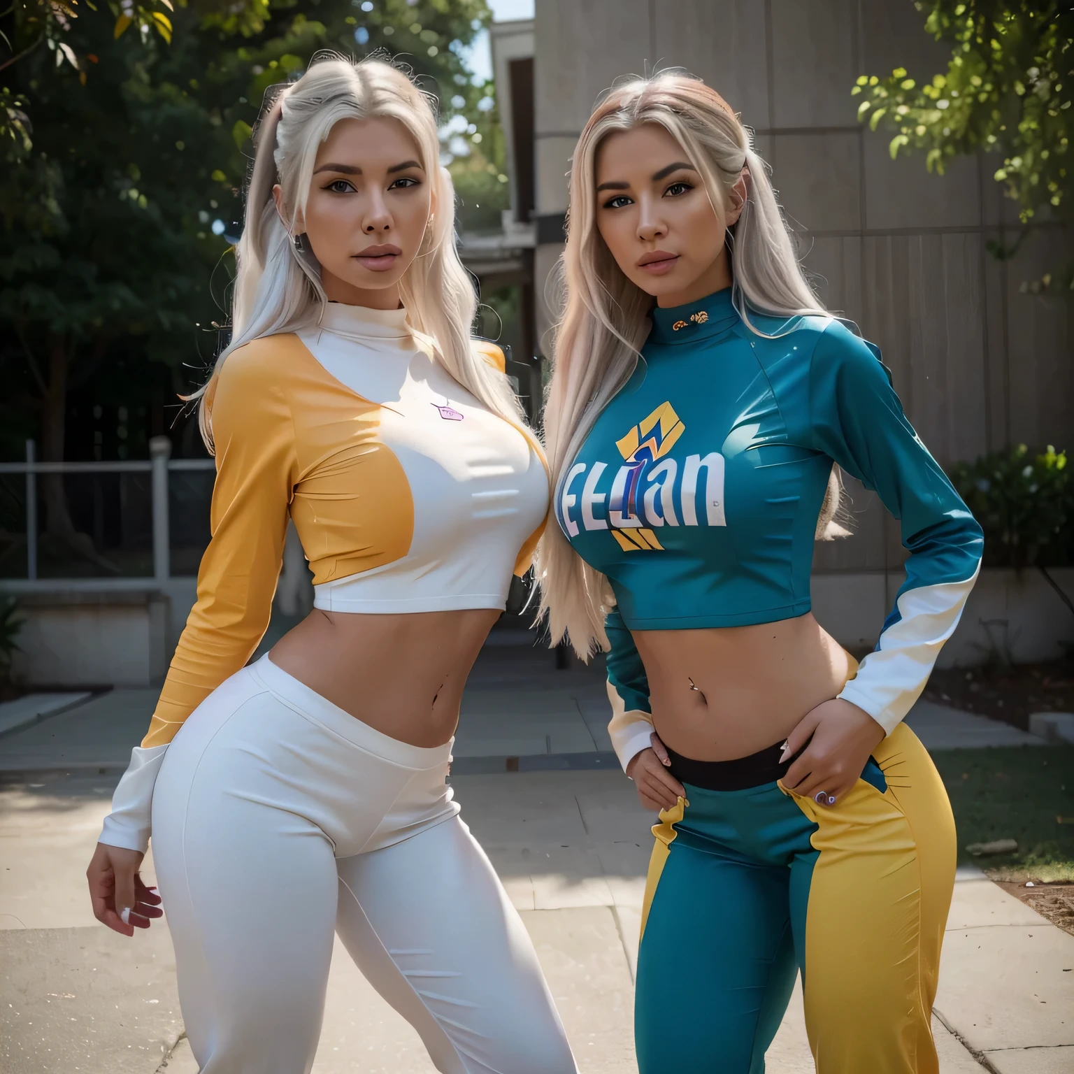 Emily Sears with white hair,dynamische Pose,(best quality,High Resolution:1.2),(realistisch,photo-realistisch:1.37),mit einem Freund (Latina, anderes Gesicht), Baggy-Outfit,beautiful outfit,enges Outfit,Green,orange,Rot,Gelb,Blau,Rot,Schwarz,Rosa,lila.