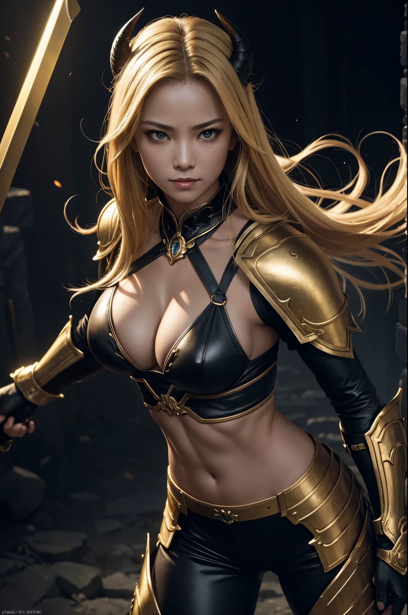 8K,looking down from above描写,Beautiful mature female demon, 3 horns, Cruel smile, black skin, sexyな黒の胸鎧, big golden eyes, Seduce me, underworld earth background, (masterpiece), (realistic:1.4), born, highest quality, ultra high resolution, rich colors, Backlight, cinematic lighting, film grain, born, 50mm lens, Nikon D850, warm colors,super realistic skin,inside a dark dungeon,looking down from above描写,One-length hair,Ghost Girl,has a long and large battle ax,battle scene,action scene,action pose,luxurious black shoulder armor,gorgeous black gauntlets,trained body,Violent and strongly cracked abdominal muscles,very big breasts,looking down from above,sexy,gorgeous gold and black pants,blonde,battle scene,action pose,