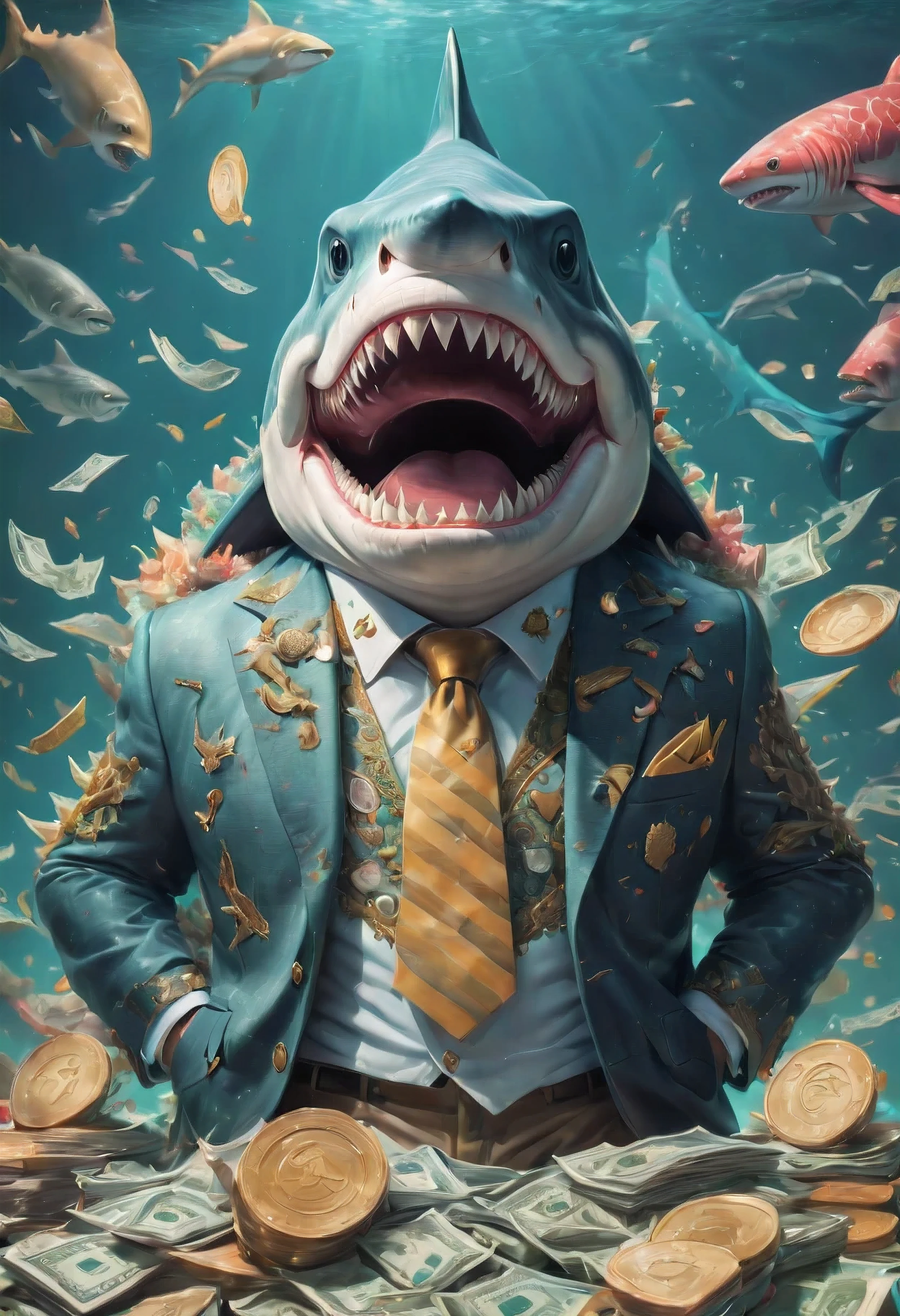 (((intricate detail:1.4))), (((extremely insane detail:1.4))),(((highest quality:1.3))), (((Soft colors 4k highly detailed digital art:1.3))). | a greedy shark wearing loan shark business suit, counting money while laughing. The composition showcases the shark greed and love for money, as it immerses itself in heap of cash. The use of vibrant colors and intricate details adds depth and visual interest to the artwork, evoking a sense of awe toward wealth. Created by renowned digital artist James Gurney