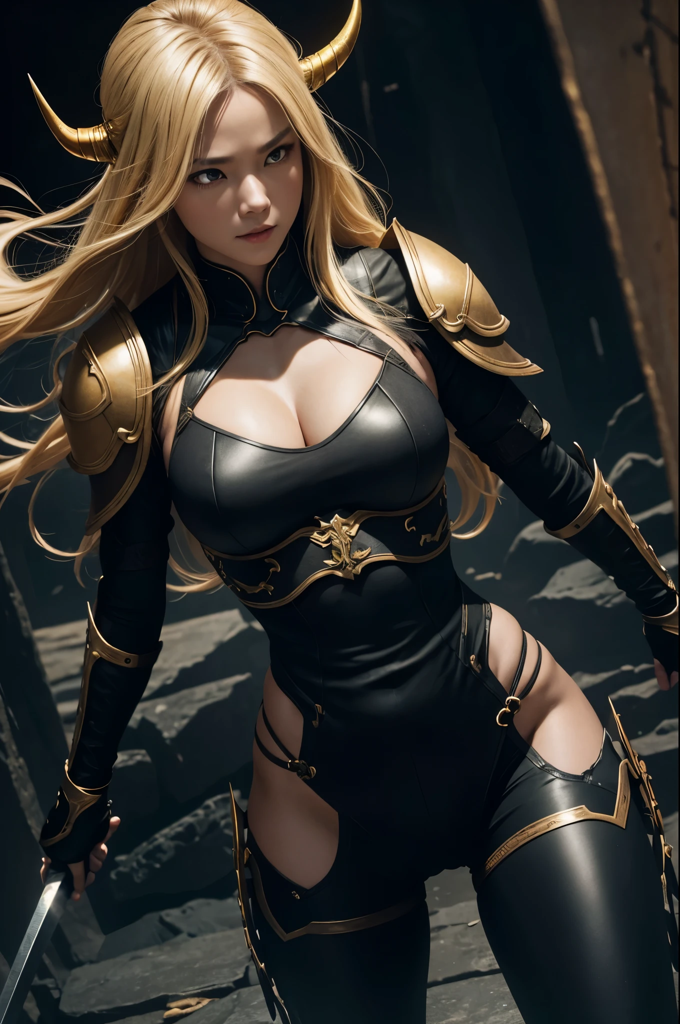 8K,looking down from above描写,Beautiful mature female demon, 3 horns, Cruel smile, black skin, sexyな黒の胸鎧, big golden eyes, Seduce me, underworld earth background, (masterpiece), (realistic:1.4), born, highest quality, ultra high resolution, rich colors, Backlight, cinematic lighting, film grain, born, 50mm lens, Nikon D850, warm colors,super realistic skin,inside a dark dungeon,looking down from above描写,One-length hair,Ghost Girl,has a long and large battle ax,battle scene,action scene,action pose,luxurious black shoulder armor,gorgeous black gauntlets,trained body,Violent and strongly cracked abdominal muscles,very big breasts,looking down from above,sexy,gorgeous gold and black pants,blonde,battle scene,action pose,