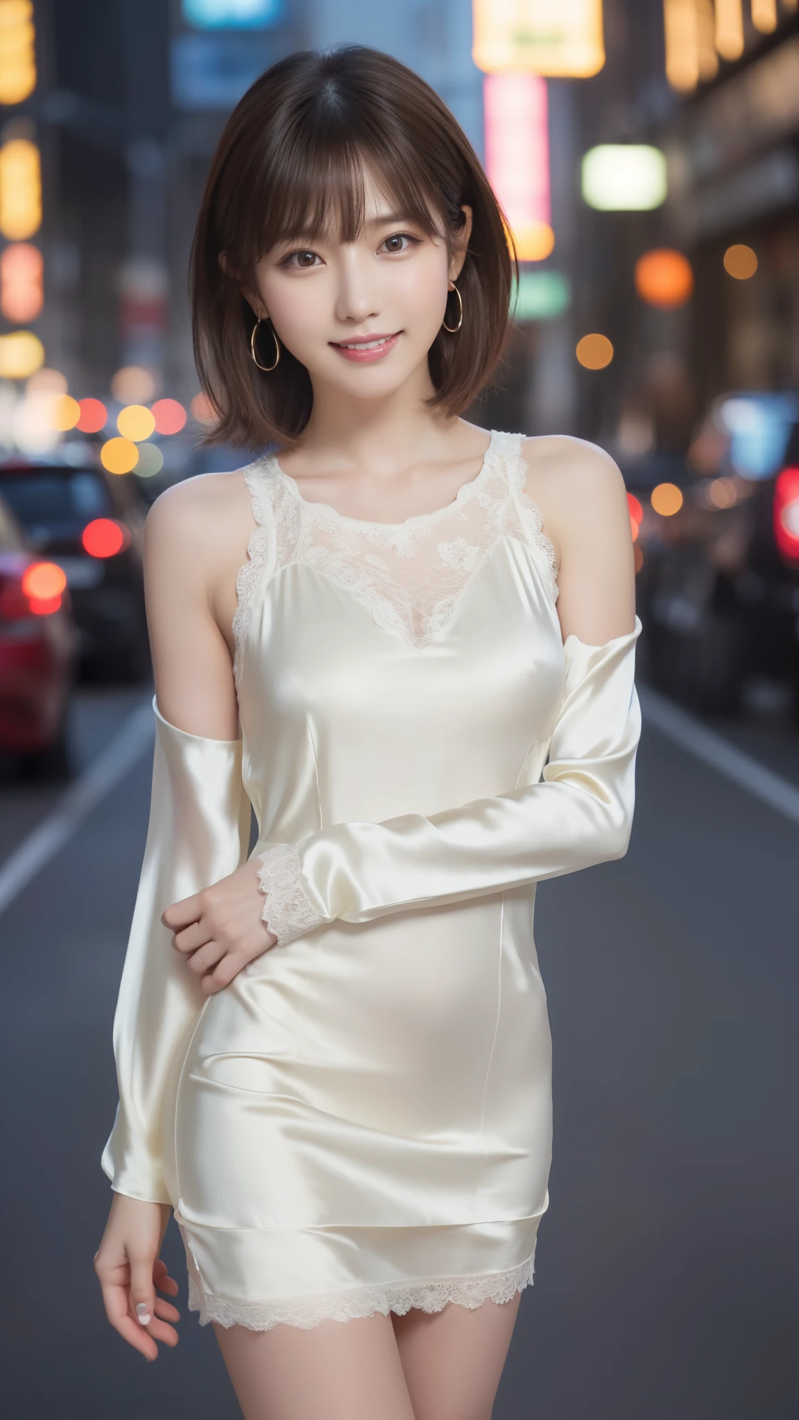8K, table top, RAW photo, highest quality, realistic, Highly detailed CG Unity 8K wallpaper, Depth of bounds written, cinematic light, Lens flare, ray tracing, (very beautiful face, beautiful lips, beautiful eyes), face with intricate details, ((super dense skin)) 1 girl, in the dark, deep shadow, cute korean girl, Flashy makeup with red eyeshadow,her shortcut, Delicate light brown hair is slightly disheveled with side waves.,wearing large ring earrings,K-POP idol, 1 girl, (very slim and slender fit muscular body:1.3), ((looking at the viewer)),(big smile:1.3), (sleeve fashion city night, dark night, (neon sign), (blurred background), fashion street night),(no people in the background:1.3), beautiful earrings, bracelet, necklace, pantyhose, clear eyes, walk, (white skin), (big eye ace forward, ((upper body shot)), ((super mini color silk dress:1.3)),(brown hair),((tight fit lace dress)), (See through), (looking at the viewer:1.3) open chest, very slim, medium breasts, backtracking,((buckshot)), See through, Medium Butt, super mini skirt, updo hair, ((spread the thighs)),(Sexy pose with a little butt sticking out),