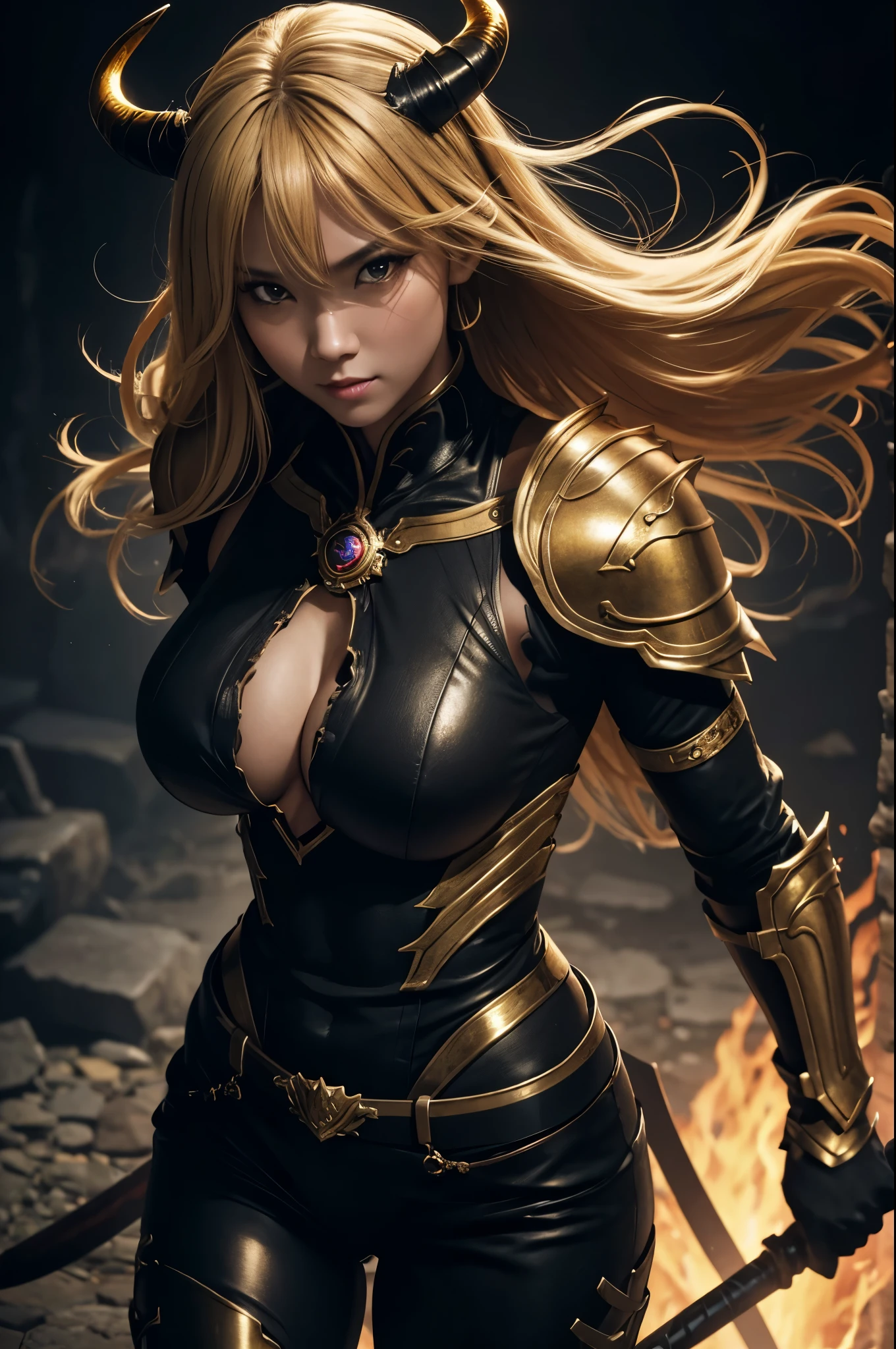 8K,looking down from above描写,Beautiful mature female demon, 3 horns, Cruel smile, black skin, sexyな黒の胸鎧, big golden eyes, Seduce me, underworld earth background, (masterpiece), (realistic:1.4), born, highest quality, ultra high resolution, rich colors, Backlight, cinematic lighting, film grain, born, 50mm lens, Nikon D850, warm colors,super realistic skin,inside a dark dungeon,looking down from above描写,One-length hair,Ghost Girl,has a long and large battle ax,battle scene,action scene,action pose,luxurious black shoulder armor,gorgeous black gauntlets,trained body,Violent and strongly cracked abdominal muscles,very big breasts,looking down from above,sexy,gorgeous gold and black pants,blonde,battle scene,action pose,kabuki makeup,