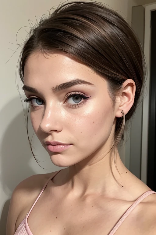 Belle fille, Marron_eyeeautiful mince adolescente de 18 ans, cheveux color [Brown highlights cheveux], [Pixie undercut] cheveux)), boucles d’oreilles, lèvres, Réaliste, taille étroite, charmant, pink lèvrestick, maquillage coloré, Cils longs, boucles d’oreilles, porter de l’eye-liner, peau claire, (mignon), (face détaillée), Yeux détaillés, Iris détaillé, nue, short court