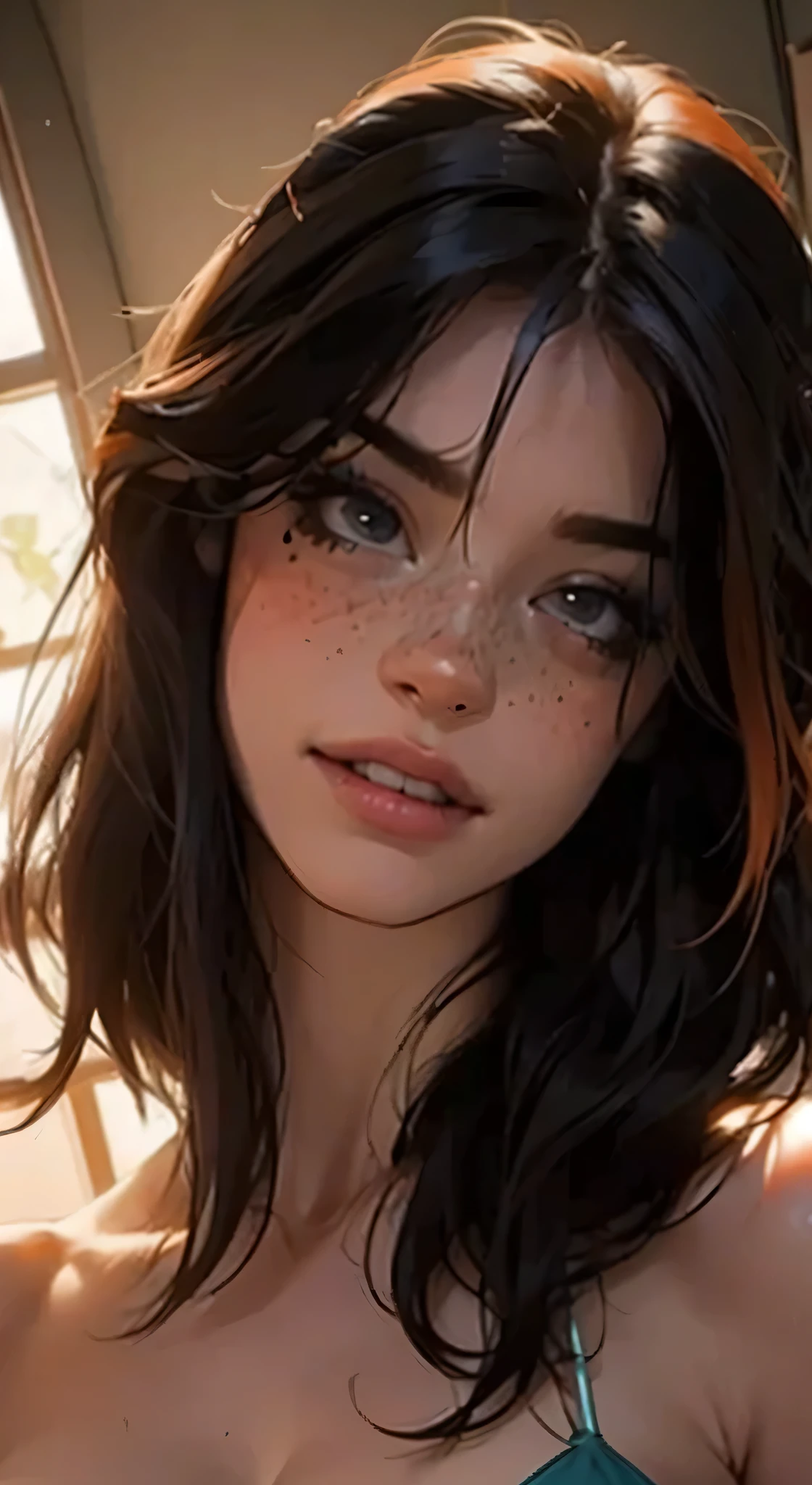 1 girl, Natural photography of a beautiful girl, wearing a loose crop top, leaning over, short flowing hair, big bust, locks eyes into the camera, symmetrical eyes, symmetrical face,  (masterpiece) (best quality) (detailed) (8k) photorealistic, photography, path tracing, specular lighting, volumetric face light, path traced hair, visible shadows, intricate, elaborate, huge boobs, cleavage, wet skin, flirty, freckles, blush, dark eyeliner, hanging breasts, girl bending over, strap gap