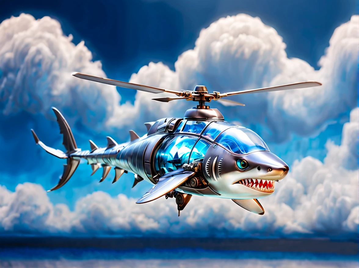 (best quality，high definition:1.2)。鲨鱼造型的helicopter，helicopter，inspired by sharks，Transparent mechanical shark，sharp metal teeth，LED glowing eyes，Translucent body，Demonstrates complex internal structure，metal reflection，dynamic poses，sharp focus。fly in the sky，Dreamy clouds。