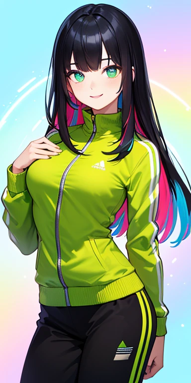 (black hair,colorful fluorescence multicolored hair:1.5,straight hair:1.5), (masterpiece, sidelights, exquisite beautiful eyes: 1.5), masterpiece*portrait, realistic, ((Colorful background of different colors:1.5)),(Gentle face:1.5),colorful,3D face,(cute face),front view: 1.6、 (glowing green eyes:1.2),(tareme:1.5)、(cute smile:1.5),,Slim Body, shiny hair, shiny skin: 1.5、medium breasts,、solo,(stand)、(tracksuit:1.5)、(charactor focus:1.5、portlate、eye focus,cowboy shot)、bright atmosphere,intricatedetails