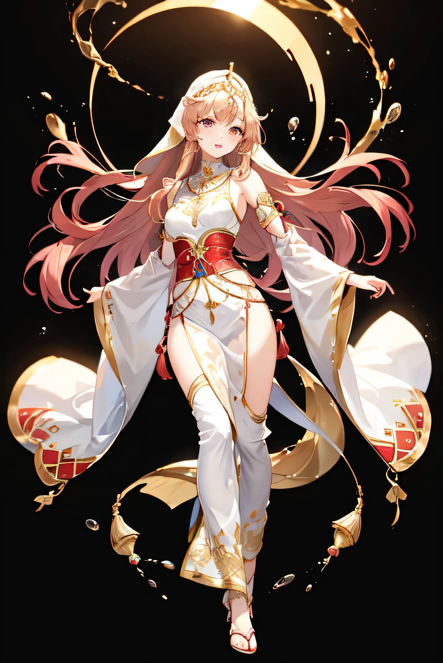 ((best quality)), ((masterpiece)), (detailed), perfect face brownish pale long pink hair with and golden brown eyes full body (((Clothes theme Slightly Arabian mix with traditional filipino clothing))) ((splash art))