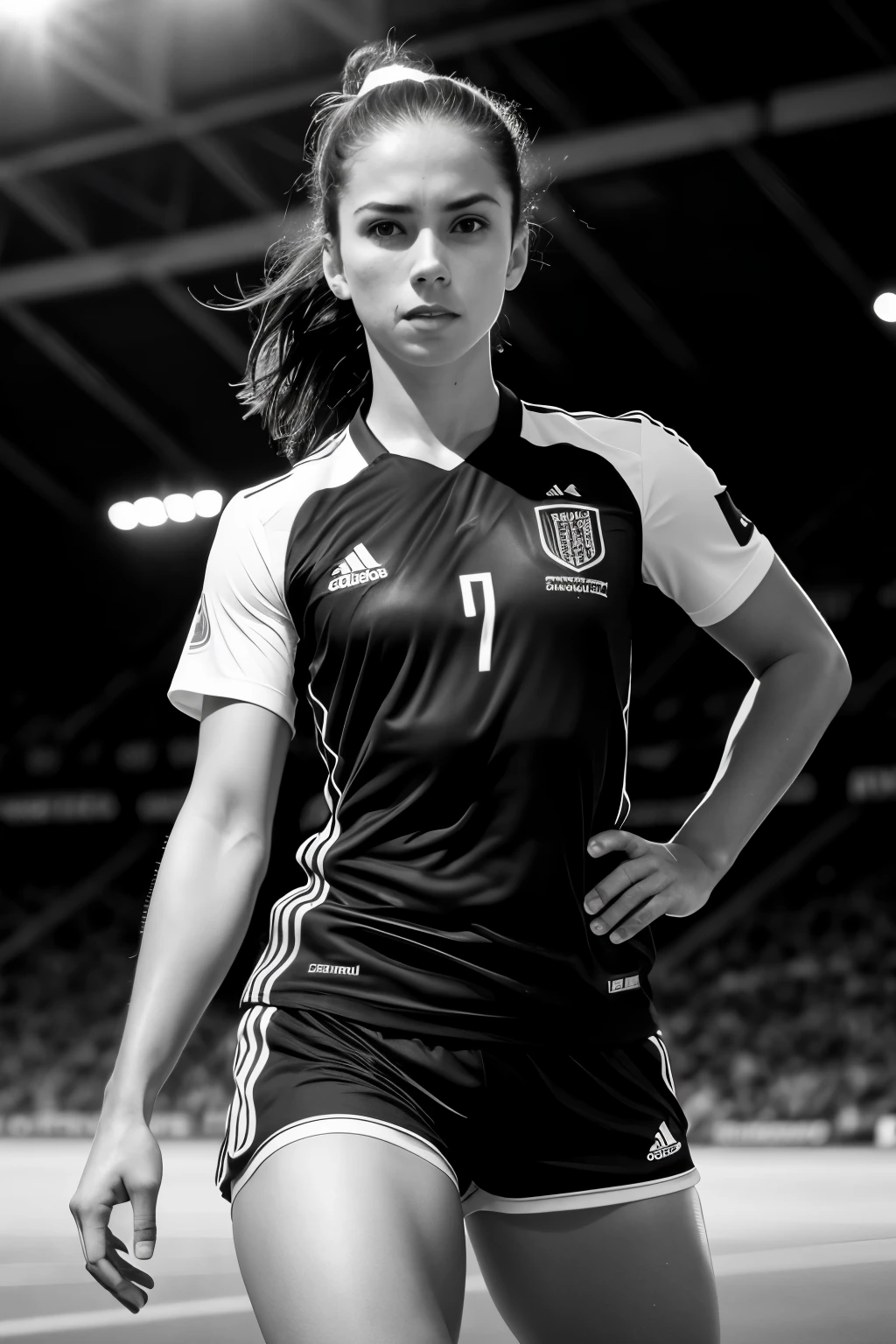 Photo of a soccer player, FIFA, short uniform, visible camel toe, black and white photo, intense focus, determined expression, athletic build, perspiration on forehead, muscle definition, adrenaline pumping, Canon EOS R6, 35mm Lens, F/1.4, monochrome, (4K) (Wallpaper) (Sports lighting) (High Contrast) (Dramatic) (Realistic) Photography, From the sideline.