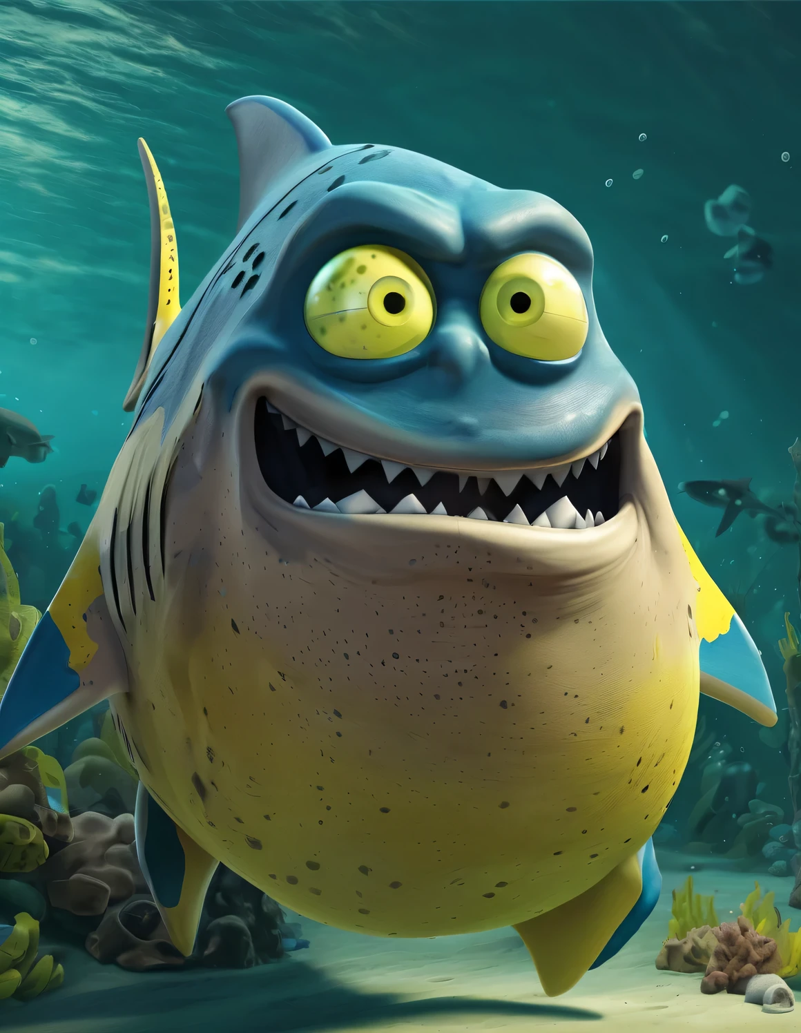 (character idea),Very unified CG design,SpongeBob'sThe big shark Poseidon has a very unique appearance.,Standing height about 2 meters,Weight about 120kg,Strong build,muscular。His skin is dark blue,it'full of spots,These spots are shaped like sponges,His eyes are black,sharp vision,His teeth are sharp and pointy,intimidating,behind head,he has a long fin,His arms and legs are very strong,Claws as sharp as hooks,His tail is big and powerful,So he can swim in the water,SpongeBob海神波塞冬被一层粘稠液体覆盖,This layer of liquid emits weak fluorescence,Make him look more mysterious,His appearance is full of strength and wildness,
