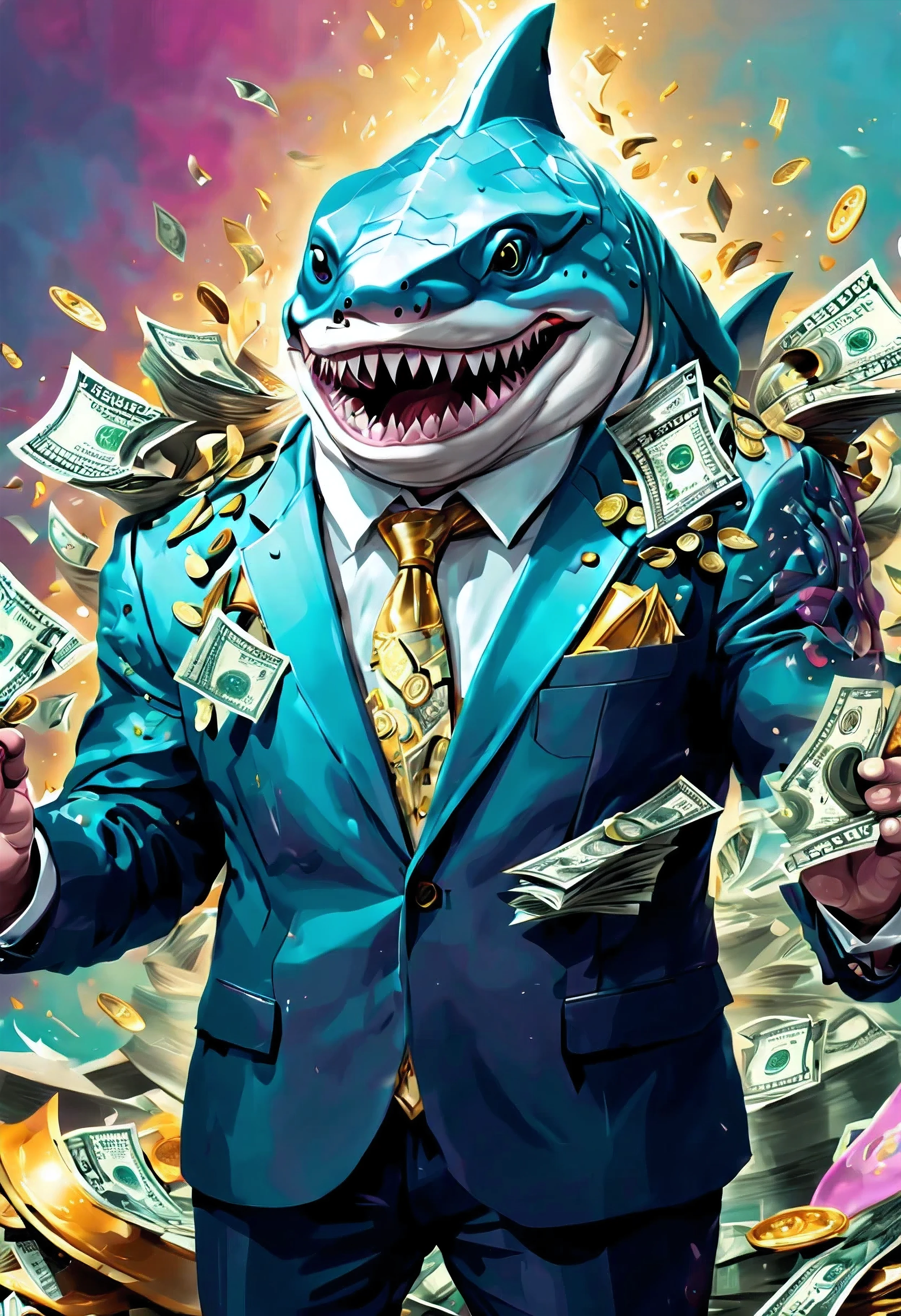 (((intricate detail:1.4))), (((extremely insane detail:1.4))),(((highest quality:1.3))), (((Soft colors 4k highly detailed digital art:1.3))). | a greedy shark wearing loan shark business suit, counting money while laughing. The composition showcases the shark greed and love for money, as it immerses itself in heap of cash. The use of vibrant colors and intricate details adds depth and visual interest to the artwork, evoking a sense of awe toward wealth. Created by renowned digital artist James Gurney