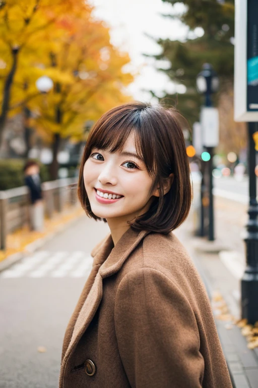 of the highest quality, detailed photo, Beautiful Japanese woman with short cut,  adult beauty, Smiling street snapshot photo shoot, Parks in Sapporo, autumnal, coat