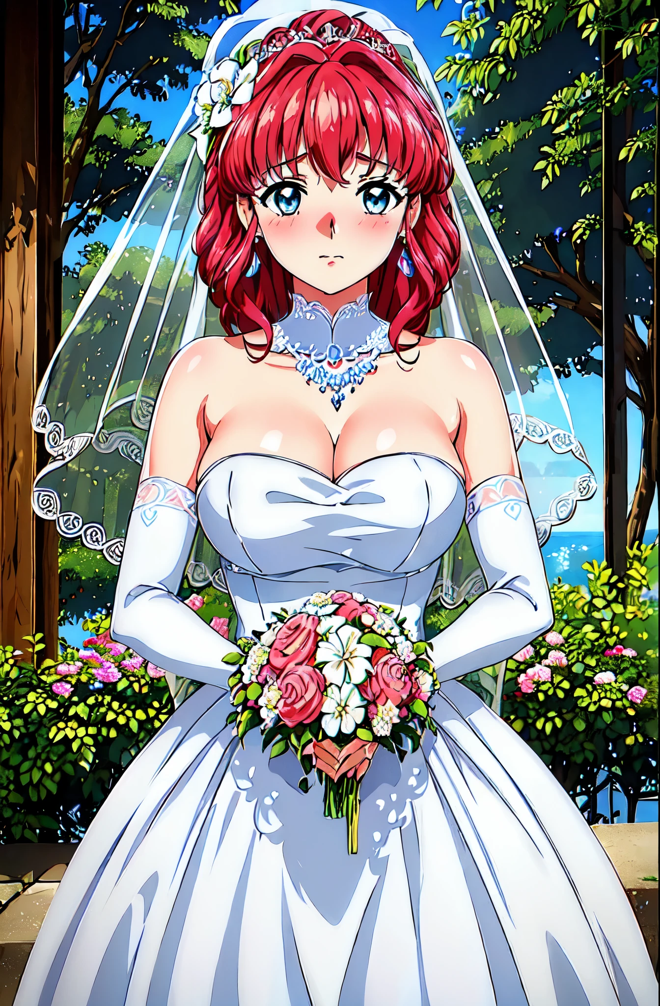 
Red hair,blue eyes, Bangs,double tail, scarf, 
 Close-up of beautiful bride wearing beautiful wedding dress,Guwitz,(wedding veil:1.5），（Transparent short veil：1.5），blush，Head flower，hat，（tube top wedding dress：1.5），（Silk dress：1.2）,（Strapless wedding dress：1.5）,pure white dress，necklace，earrings，(big breasts:1.3)，Deep V peach heart collar wedding dress，Bangs，lipstick，（lace gloves：1.3）,whole body照,High-detail RAW color art,White long skirt，whole body，Put your hands behind your back，