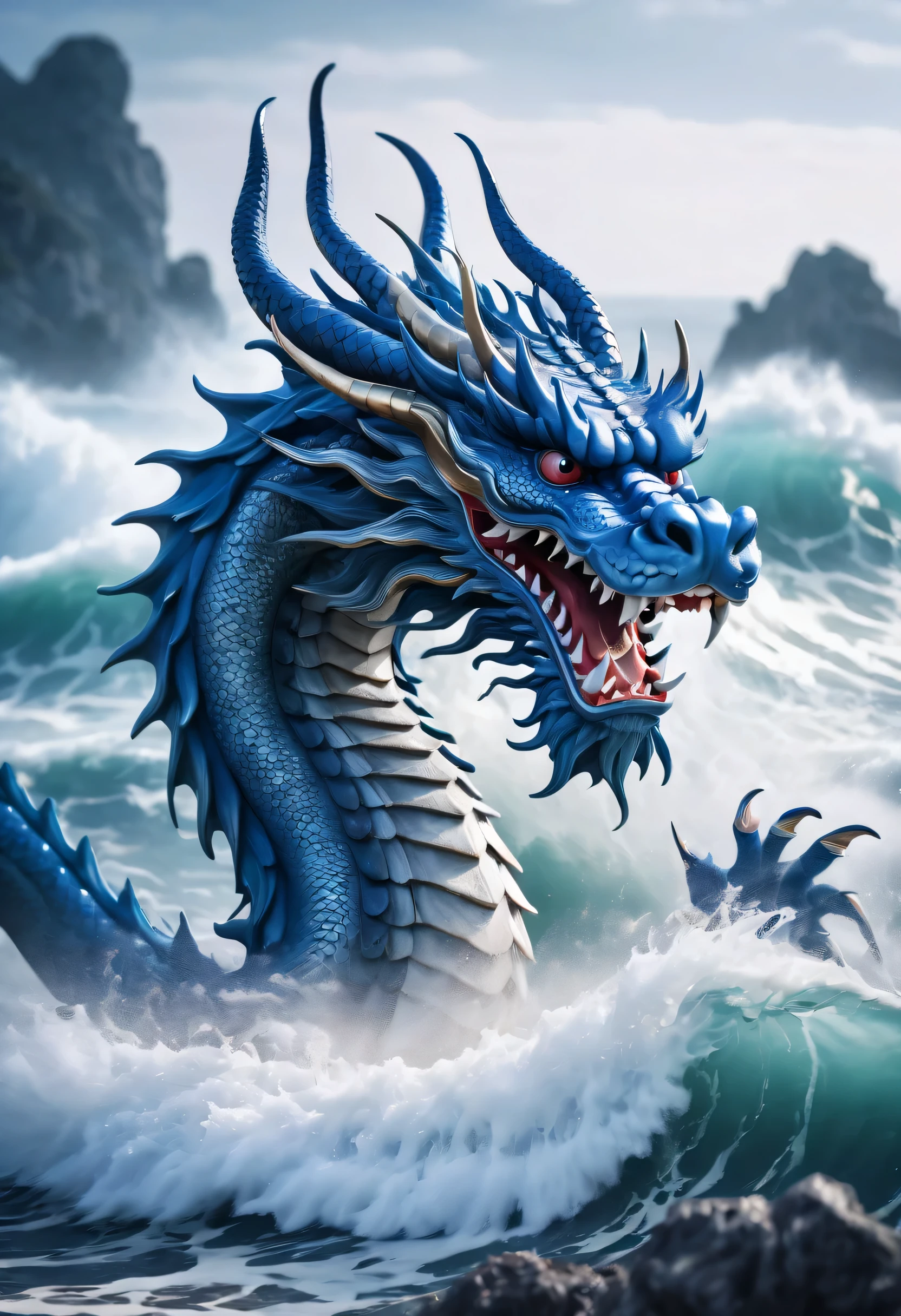 cinematic photo,Ancient Chinese mythological style,blue oriental dragon,close up,Surrealism,sharp shot,cinematic,The background is the sea,roaring waves,soft light,soft shadow,vignette,Very detailed,high budget,Bokeh,epic,Gorgeous,white mist, shallow view deep,vignette