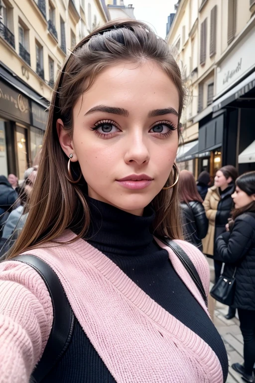 Belle fille, Marron_eyeeautiful mince adolescente de 18 ans, cheveux color [Brown highlights cheveux], [Pixie undercut] cheveux)), boucles d’oreilles, lèvres, Réaliste, taille étroite, charmant, pink lèvrestick, maquillage coloré, Cils longs, boucles d’oreilles, porter de l’eye-liner, peau claire, (mignon), (face détaillée), Yeux détaillés, Iris détaillé, se balade à paris avec des amis, hiver , tenu chic hiver