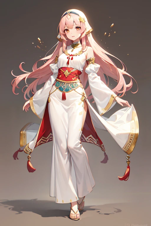 ((best quality)), ((masterpiece)), (detailed), perfect face brownish pale long pink hair with and golden brown eyes full body (((Clothes theme Slightly Arabian mix with traditional filipino clothing))) ((splash art))