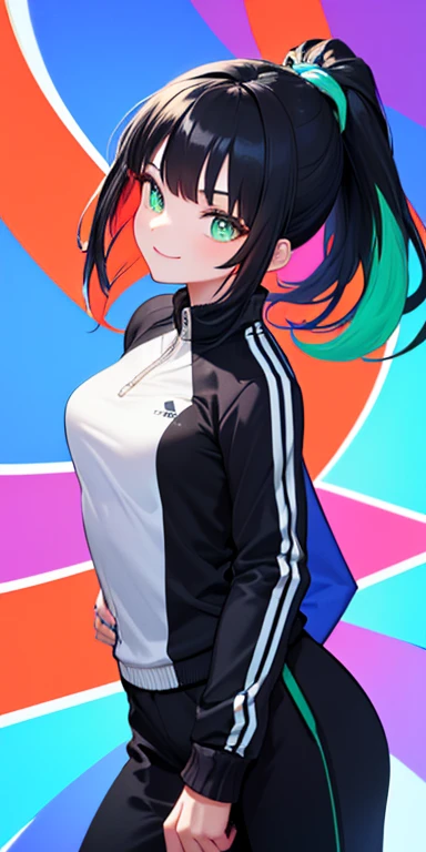 (black hair,colorful fluorescence multicolored hair:1.5,ponytail:1.5), (masterpiece, sidelights, exquisite beautiful eyes: 1.5), masterpiece*portrait, realistic, ((Colorful background of different colors:1.5)),(Gentle face:1.5),colorful,3D face,(cute face),front view: 1.6、 (glowing green eyes:1.2),(tareme:1.5)、(cute smile:1.5),,Slim Body, shiny hair, shiny skin: 1.5、medium breasts,、solo,(stand)、(tracksuit:1.5)、(charactor focus:1.5、portlate、eye focus,cowboy shot)、bright atmosphere,intricatedetails