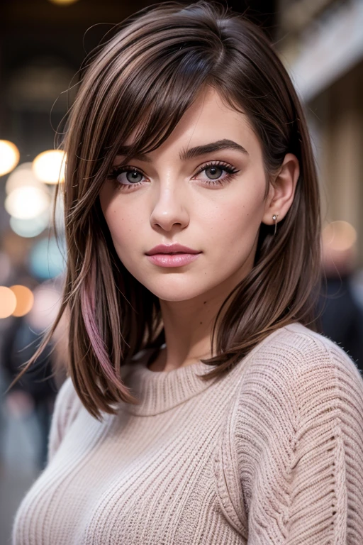 Belle fille, Marron_eyeeautiful mince adolescente de 18 ans, cheveux color [Brown highlights cheveux], [Pixie undercut] cheveux)), boucles d’oreilles, lèvres, Réaliste, taille étroite, charmant, pink lèvrestick, maquillage coloré, Cils longs, boucles d’oreilles, porter de l’eye-liner, peau claire, (mignon), (face détaillée), Yeux détaillés, Iris détaillé, se balade à paris avec des amis, hiver , tenu chic hiver