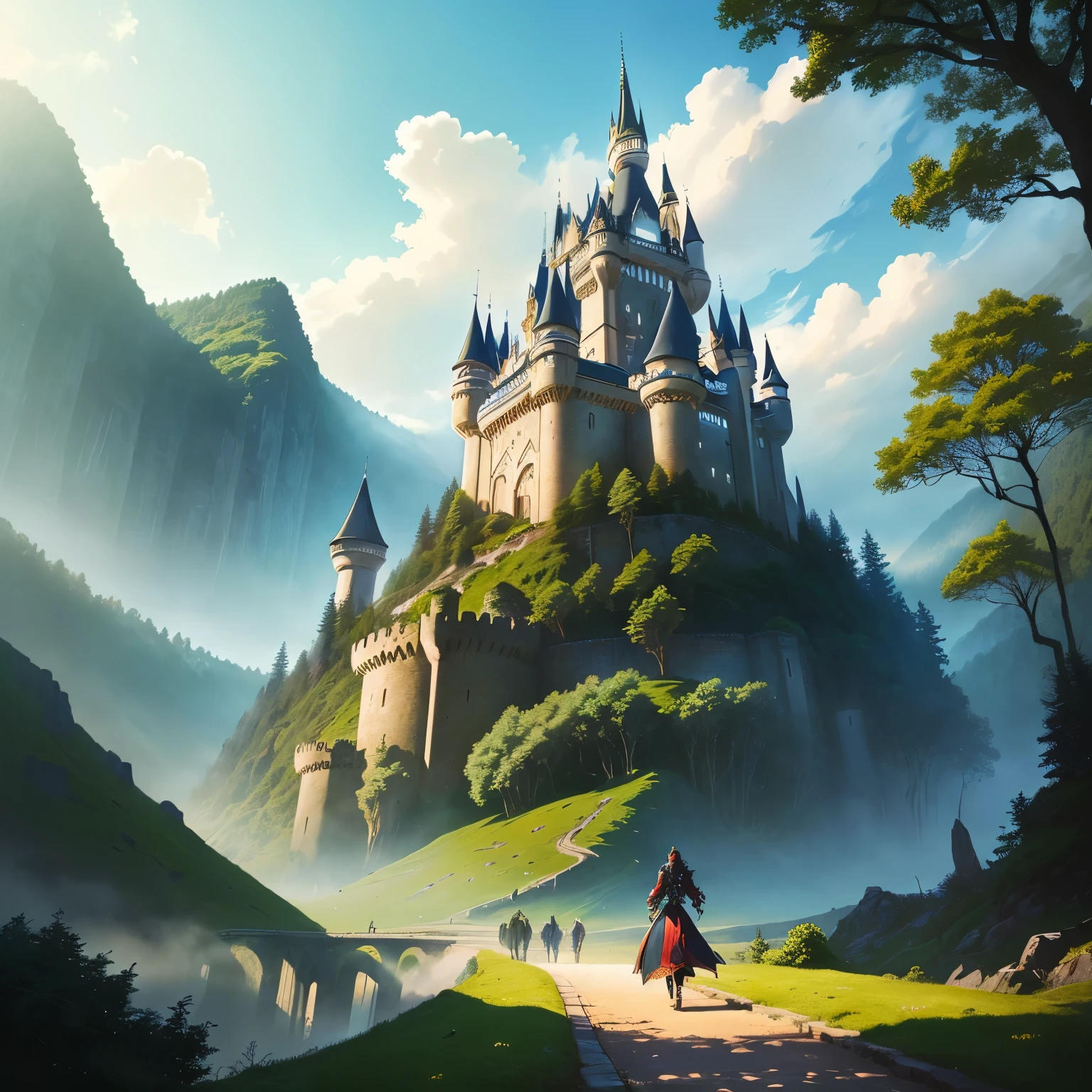 Anime style，Depicts a woman walking on a path in the forest, Sylvain Sarai, castle in distance, castle in distance, Andreas Rocha和约翰·豪, Fantasy RPG book illustrations, small castle in distance, inspired Andreas Rocha, Andreas Rocha风格, Andreas Rocha, fantasy art landscape, Inspired by Raphael Crocodile