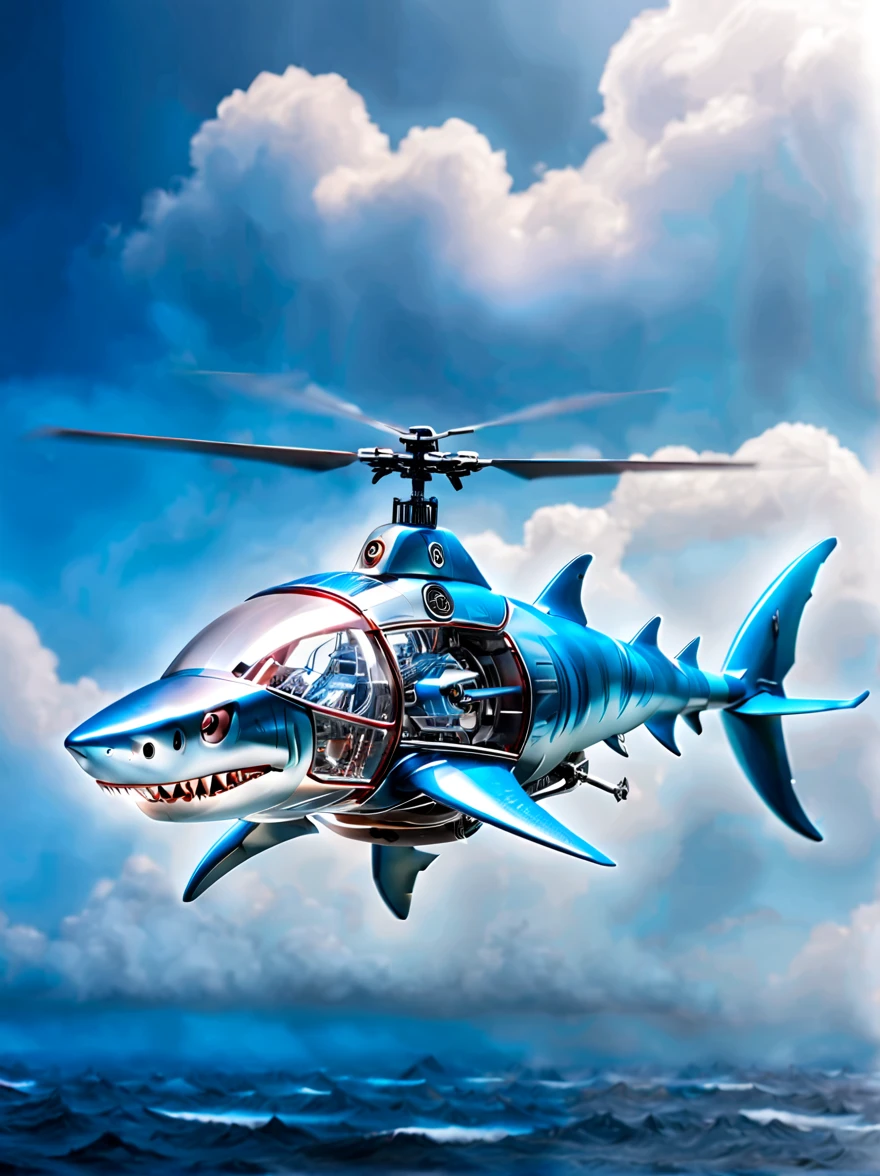 (best quality，high definition:1.2)。鲨鱼造型的helicopter，helicopter，inspired by sharks，Transparent mechanical shark，sharp metal teeth，LED glowing eyes，Translucent body，Demonstrates complex internal structure，metal reflection，dynamic poses，sharp focus。fly in the sky，Dreamy clouds。