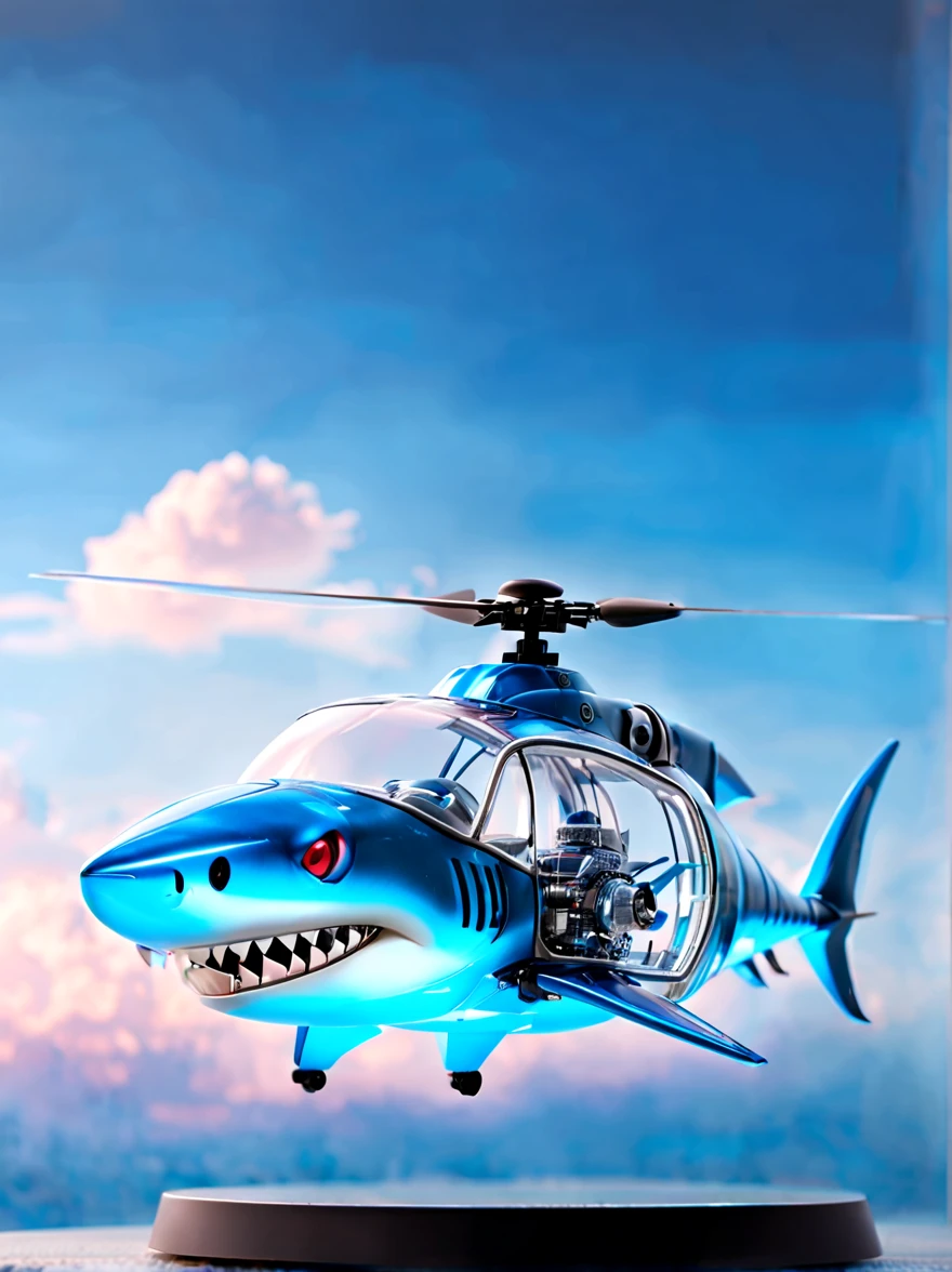 (best quality，high definition:1.2)。鲨鱼造型的helicopter，helicopter，inspired by sharks，Transparent mechanical shark，sharp metal teeth，LED glowing eyes，Translucent body，Demonstrates complex internal structure，metal reflection，dynamic poses，sharp focus。fly in the sky，Dreamy clouds。