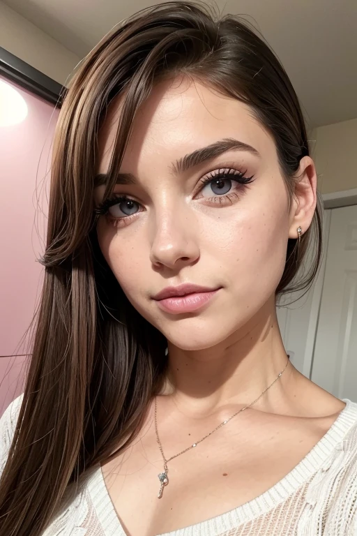Belle fille, Marron_eyeeautiful mince adolescente de 18 ans, cheveux color [Brown highlights cheveux], [Pixie undercut] cheveux)), boucles d’oreilles, lèvres, Réaliste, taille étroite, charmant, pink lèvrestick, maquillage coloré, Cils longs, boucles d’oreilles, porter de l’eye-liner, peau claire, (mignon), (face détaillée), Yeux détaillés, Iris détaillé, nue, pantalon court, sexy, 