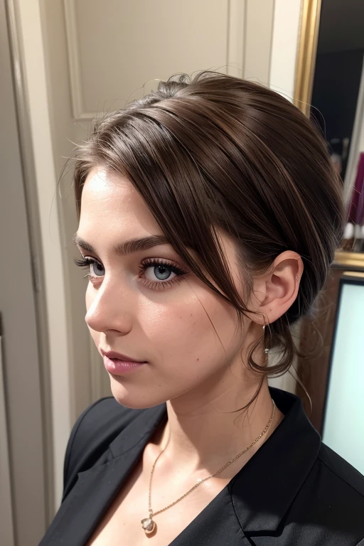 Belle fille, Marron_eyeeautiful mince adolescente de 18 ans, cheveux color [Brown highlights cheveux], [Pixie undercut] cheveux)), boucles d’oreilles, lèvres, Réaliste, taille étroite, charmant, pink lèvrestick, maquillage coloré, Cils longs, boucles d’oreilles, porter de l’eye-liner, peau claire, (mignon), (face détaillée), Yeux détaillés, Iris détaillé, nue, pantalon court, sexy, 