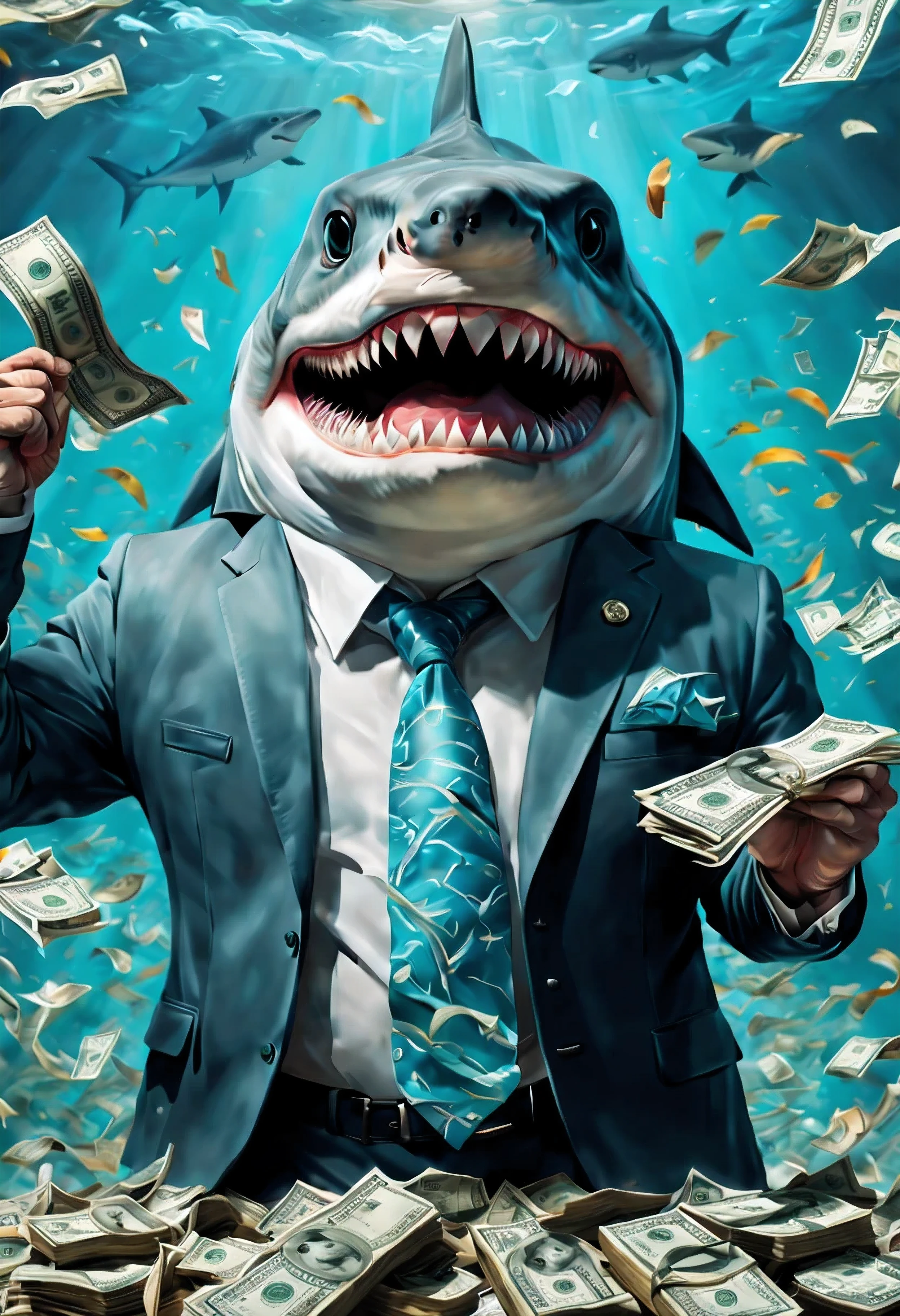 (((intricate detail:1.4))), (((extremely insane detail:1.4))),(((highest quality:1.3))), (((Soft colors 4k highly detailed digital art:1.3))). | a greedy shark wearing loan shark business suit, counting money while laughing. The composition showcases the shark greed and love for money, as it immerses itself in heap of cash. The use of vibrant colors and intricate details adds depth and visual interest to the artwork, evoking a sense of awe toward wealth. Created by renowned digital artist James Gurney