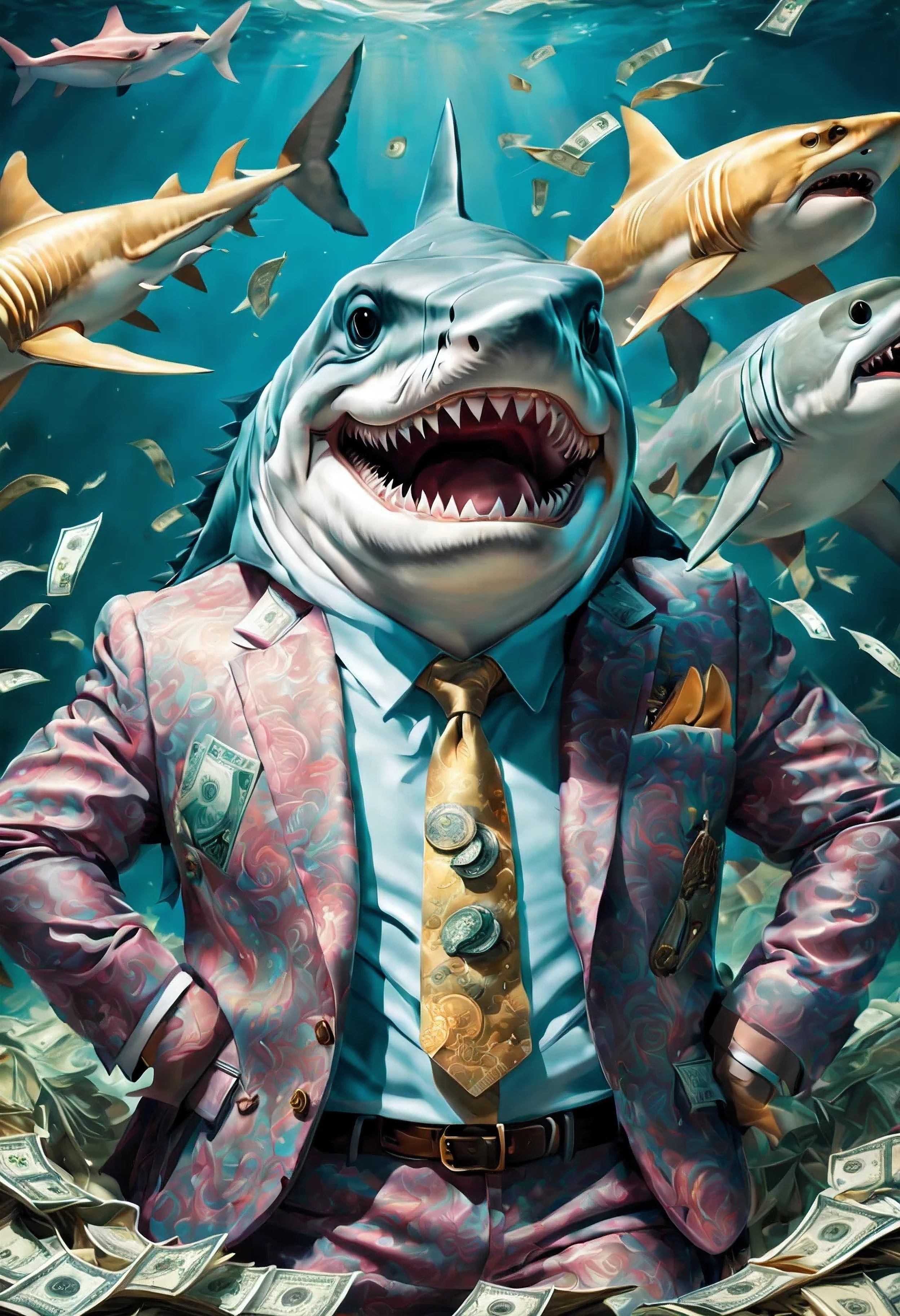 (((intricate detail:1.4))), (((extremely insane detail:1.4))),(((highest quality:1.3))), (((Soft colors 4k highly detailed digital art:1.3))). | a greedy shark wearing loan shark business suit, counting money while laughing. The composition showcases the shark greed and love for money, as it immerses itself in heap of cash. The use of vibrant colors and intricate details adds depth and visual interest to the artwork, evoking a sense of awe toward wealth. Created by renowned digital artist James Gurney