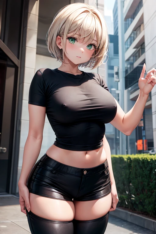 short girl, normal size breasts, short black t shirt, tight black pant, a boys hands are on her breasts, looking at viewer, green eyes