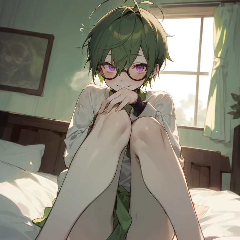 A shota boy,green hair,short hair,wearing a black circle glasses,two green antenna,purple eyes,cute,white skin,sitting on the bed,innocent,smiling,blush,wet pussy,wearing stock,nsfw,cuntboy