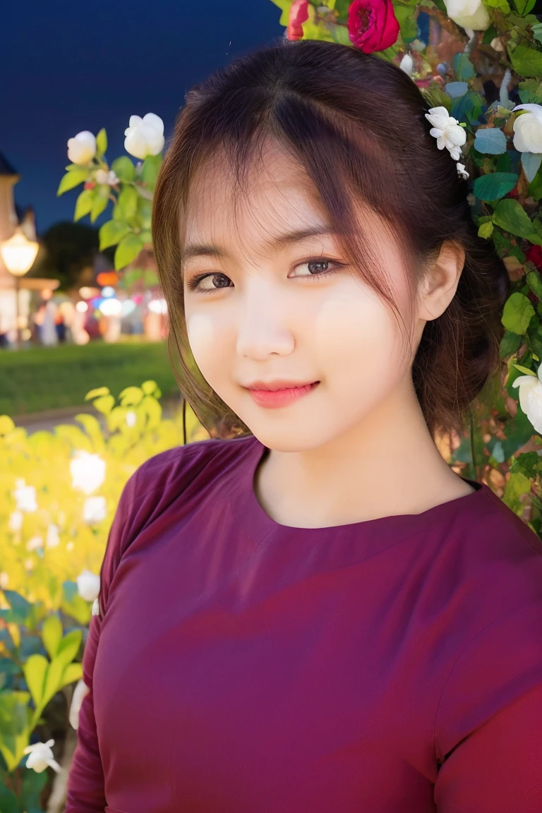 ((Night Scene, Realistic Light, Best Quality, 8k, Masterpiece: 1.3)), 1 Girl, Slim Body Beauty: 1.4, Brown Hair, (Big: 1.3), Off Shoulder Cut Top: 1.3, Ultra Detailed Face, Detailed Eyes, Double Eyelids, Disneyland, Fountain, Castle, Fireworks, Smile, Cleavage, Saggy