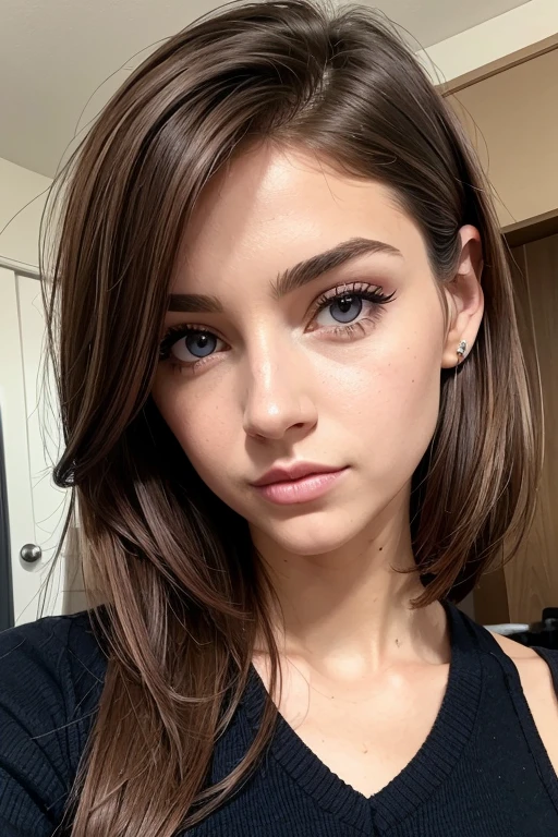 Belle fille, Marron_eyeeautiful mince adolescente de 18 ans, cheveux color [Brown highlights cheveux], [Pixie undercut] cheveux)), boucles d’oreilles, lèvres, Réaliste, taille étroite, charmant, pink lèvrestick, maquillage coloré, Cils longs, boucles d’oreilles, porter de l’eye-liner, peau claire, (mignon), (face détaillée), Yeux détaillés, Iris détaillé, nue, short court