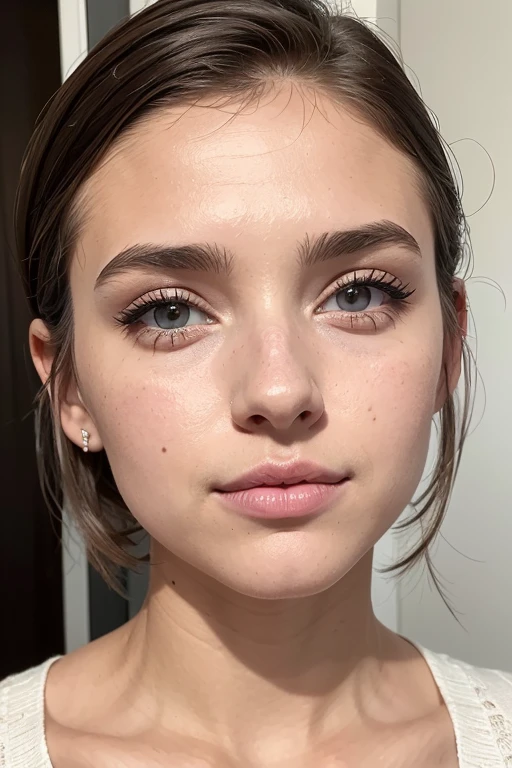 Belle fille, Marron_eyeeautiful mince adolescente de 18 ans, cheveux color [Brown highlights cheveux], [Pixie undercut] cheveux)), boucles d’oreilles, lèvres, Réaliste, taille étroite, charmant, pink lèvrestick, maquillage coloré, Cils longs, boucles d’oreilles, porter de l’eye-liner, peau claire, (mignon), (face détaillée), Yeux détaillés, Iris détaillé, nue, short court