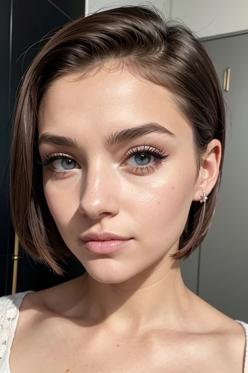 Belle fille, Marron_eyeeautiful mince adolescente de 18 ans, cheveux color [Brown highlights cheveux], [Pixie undercut] cheveux)), boucles d’oreilles, lèvres, Réaliste, taille étroite, charmant, pink lèvrestick, maquillage coloré, Cils longs, boucles d’oreilles, porter de l’eye-liner, peau claire, (mignon), (face détaillée), Yeux détaillés, Iris détaillé, nue, short court