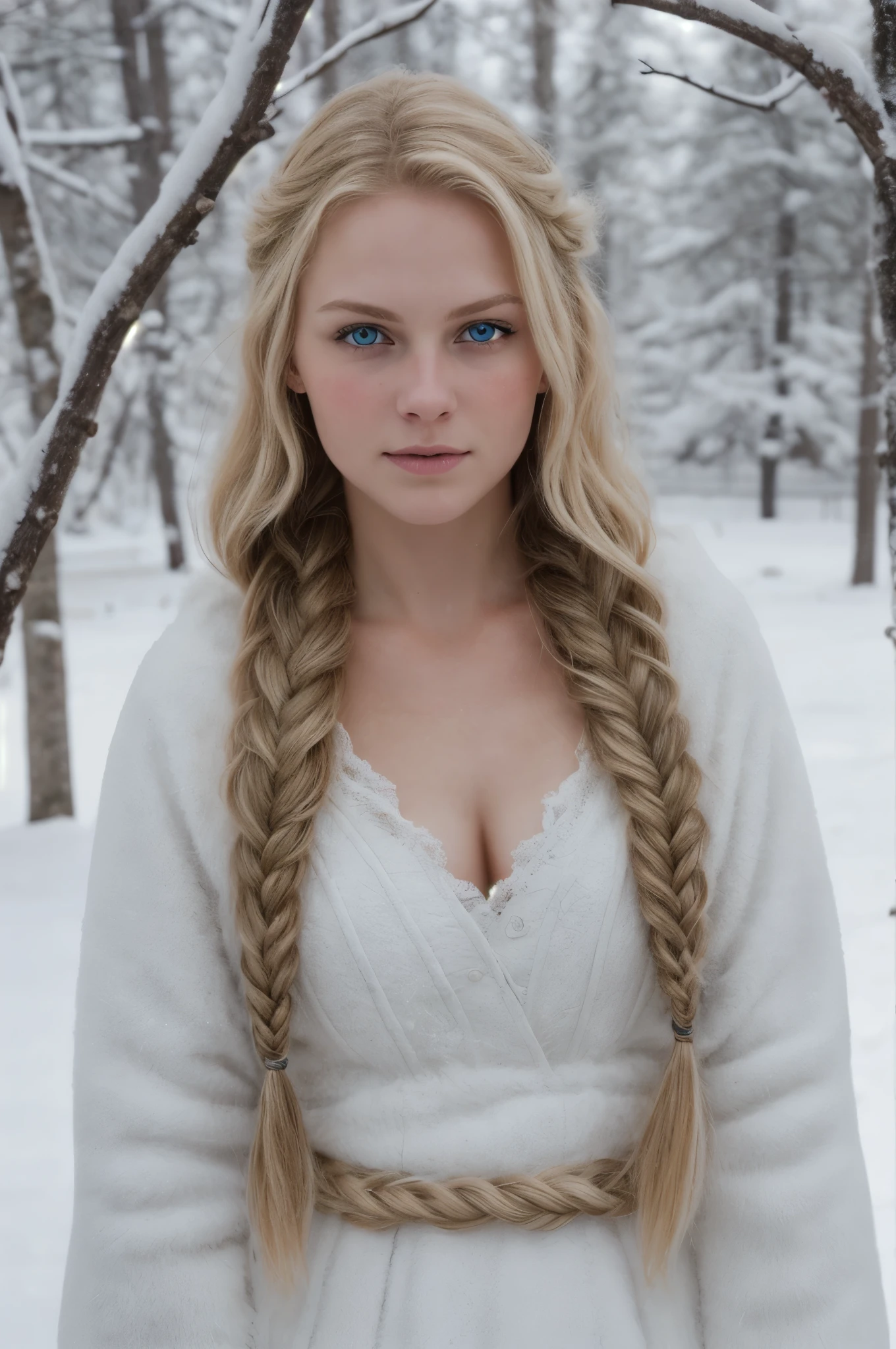 (Realistic:1.2), Analog Photography Style, Scandinavian warrior woman, fantastic snowy setting, braided blonde hair, whole body, Soft natural light, Cute and sexy, Pleasure, detailed face and blue eyes, Great quality, masterpiece, detailed northern background, Quality: 16K, raw photo